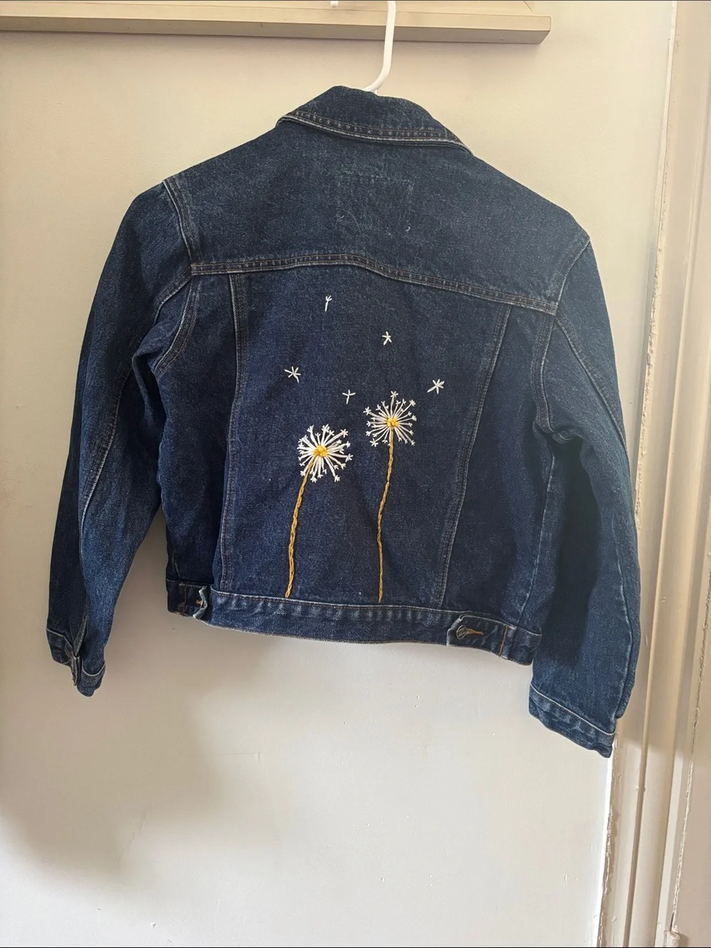 Juniors Dark Blue Denim Jacket with Custom Hand Embroidered Dandelions